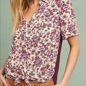 Anthropologie Porridge Clothing Wine and Cream Floral Button Down Blouse Size XS